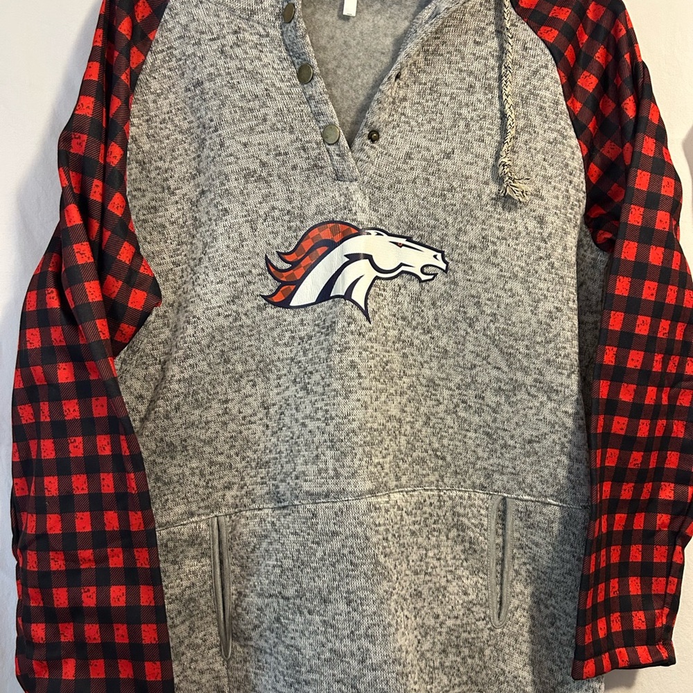 Gray and Red Plaid Women’s Sweatshirt with Denver Broncos logo